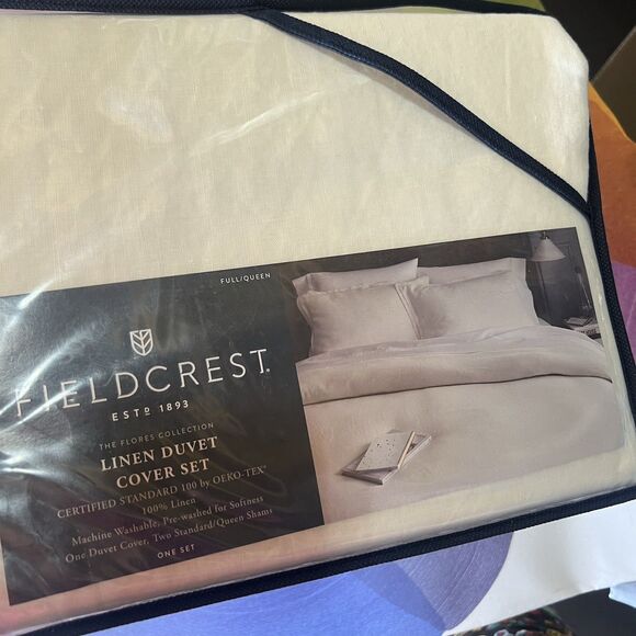 Fieldcrest Linen Duvet Cover Set Flores Collection White Full/Queen NEW - Picture 3 of 8